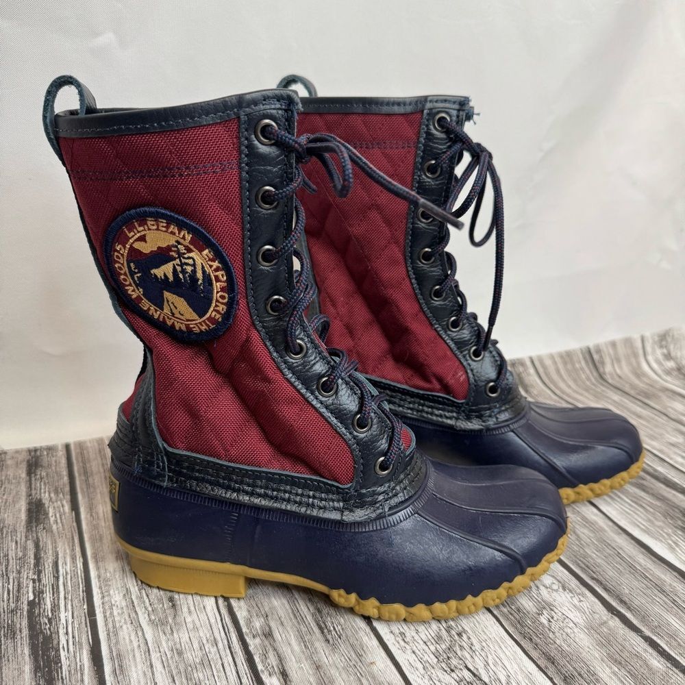Women's LL Bean Explore the Maine Quilted Duck Boots 6 Navy Burgundy Tan